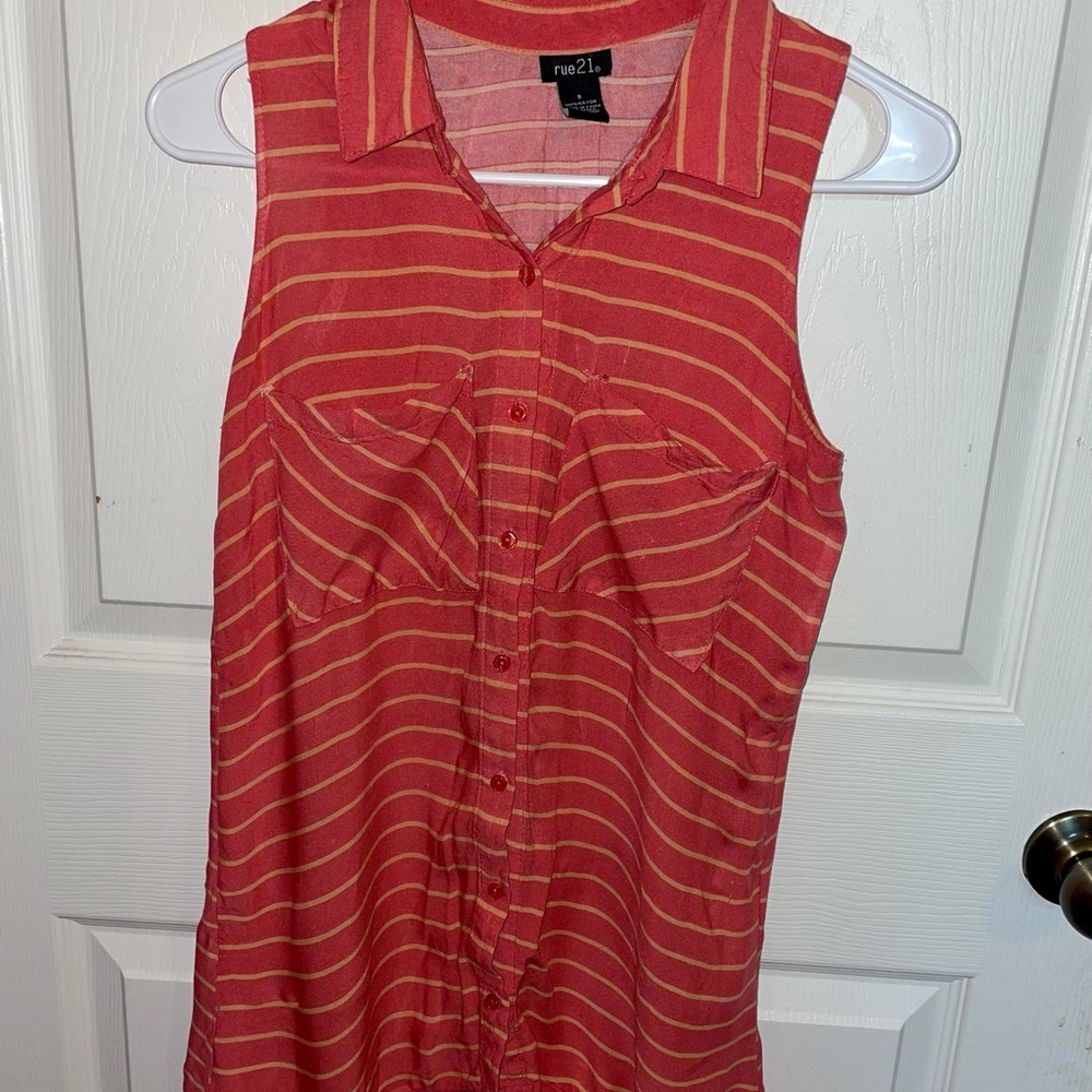 Coral Striped Button Down Top